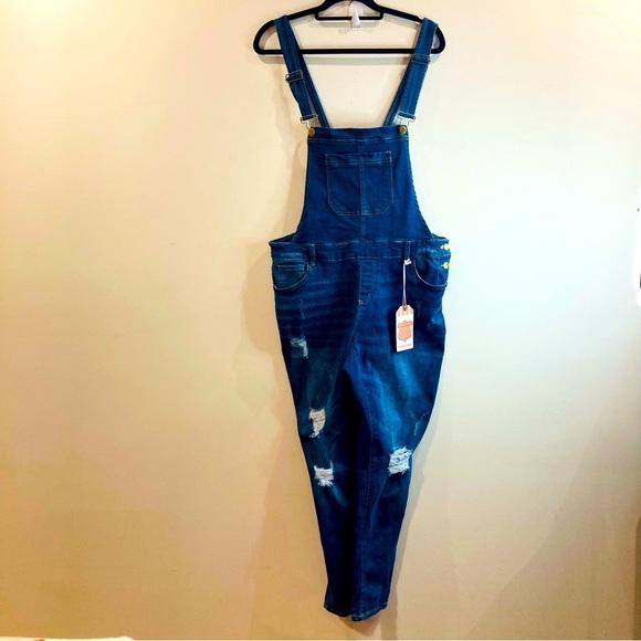 WAX Jean Sz 1XL Distressed Mid Wash Denim Overalls  New with Tag - Picture 2 of 12